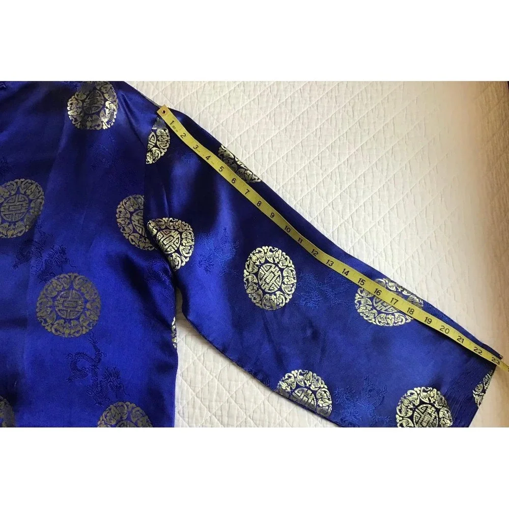 Mens Chinese Traditional Royal Blue Gold Silk Satin Tang‎ Suit Jacket Size XXL